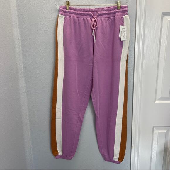 L*Space Home Stretch Colorblock Stripe Jogger Sweatpants Mauve Tan White - Picture 2 of 10